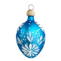 Bright Blue Egg with White Flowers Blown Glass Ornament ~ Czech Republic ~ 2-1/2" tall