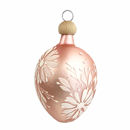 Light Pink Egg with White Flowers Blown Glass Ornament ~ Czech Republic ~ 2-1/2" tall
