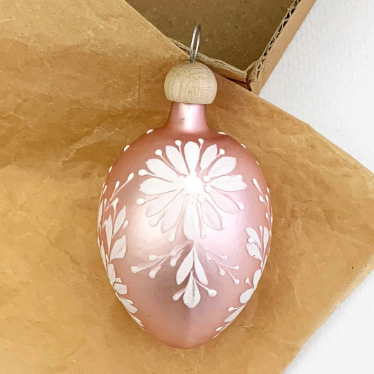 Light Pink Egg with White Flowers Blown Glass Ornament ~ Czech Republic ~ 2-1/2" tall
