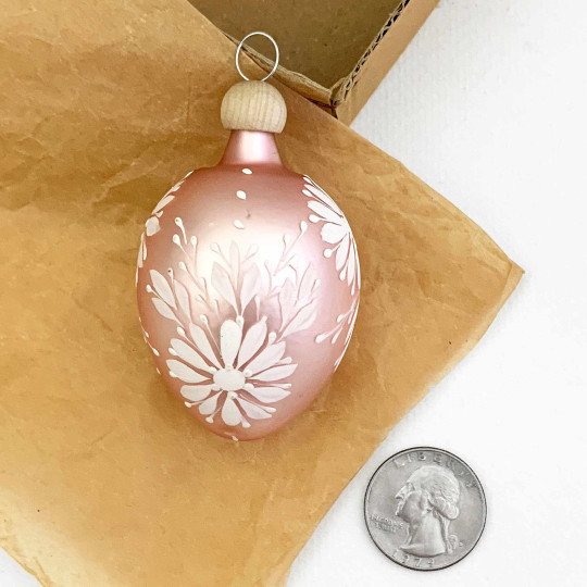 Light Pink Egg with White Flowers Blown Glass Ornament ~ Czech Republic ~ 2-1/2" tall