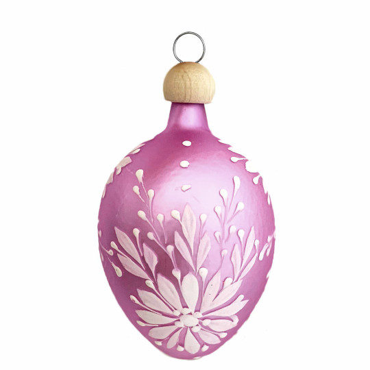 Medium Pink Egg with White Flowers Blown Glass Ornament ~ Czech Republic ~ 2-1/2" tall