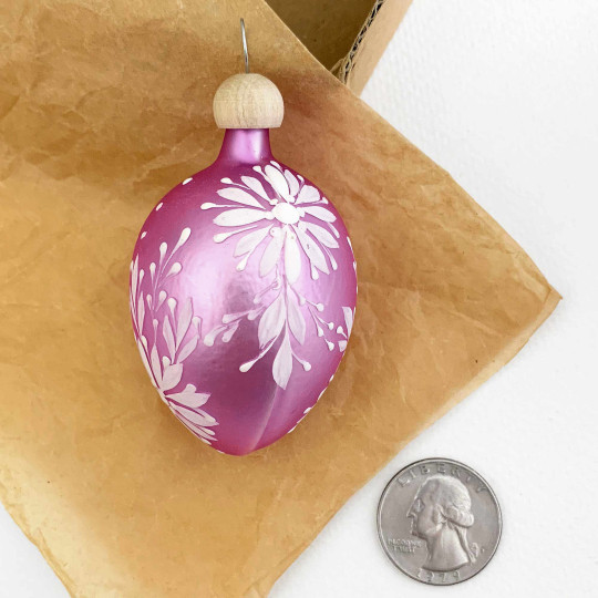 Medium Pink Egg with White Flowers Blown Glass Ornament ~ Czech Republic ~ 2-1/2" tall