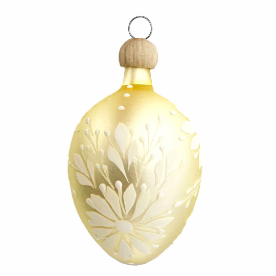 Pale Yellow Egg with White Flowers Blown Glass Ornament ~ Czech Republic ~ 2-1/2" tall