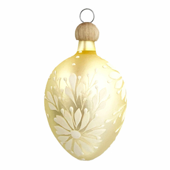 Pale Yellow Egg with White Flowers Blown Glass Ornament ~ Czech Republic ~ 2-1/2" tall