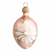 Light Pink Egg with Folkloric White Flower Blown Glass Ornament ~ Czech Republic ~ 2-1/2" tall