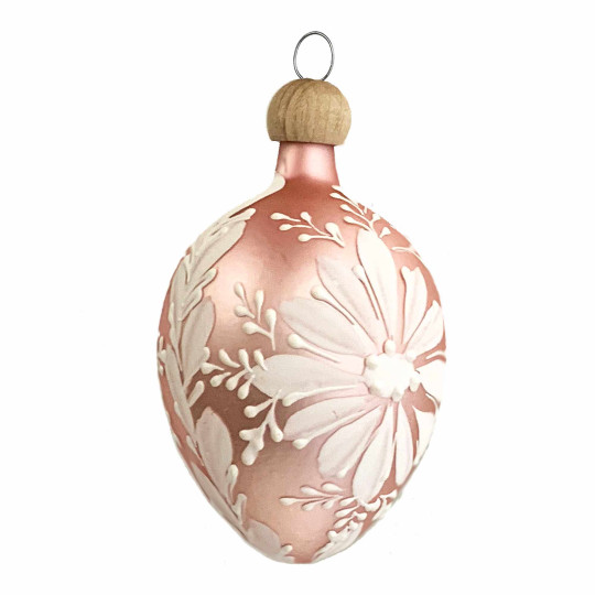 Light Pink Egg with Folkloric White Flower Blown Glass Ornament ~ Czech Republic ~ 2-1/2" tall