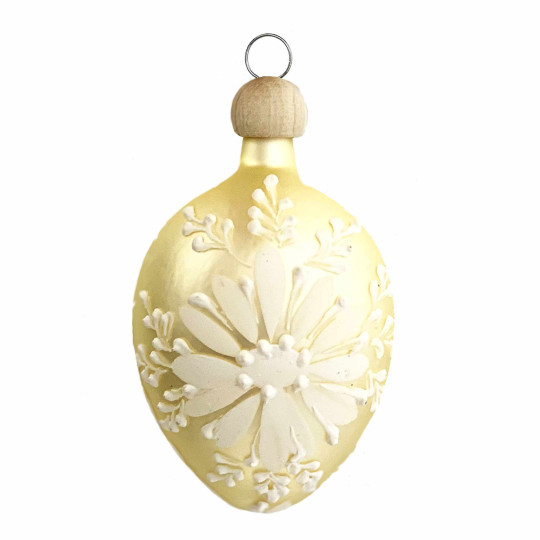 Pale Yellow Egg with Folkloric White Flower Blown Glass Ornament ~ Czech Republic ~ 2-1/2" tall