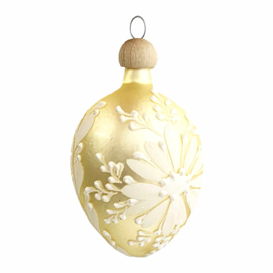 Pale Yellow Egg with Folkloric White Flower Blown Glass Ornament ~ Czech Republic ~ 2-1/2" tall