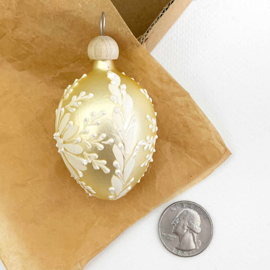 Pale Yellow Egg with Folkloric White Flower Blown Glass Ornament ~ Czech Republic ~ 2-1/2" tall