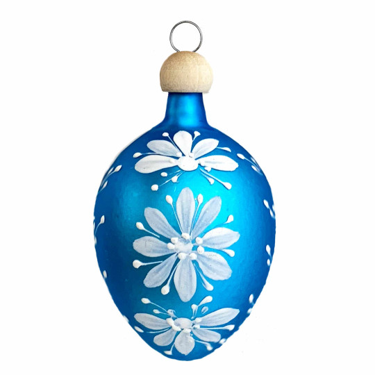 Bright Blue Egg with White Folkloric Flowers Blown Glass Ornament ~ Czech Republic ~ 2-1/2" tall