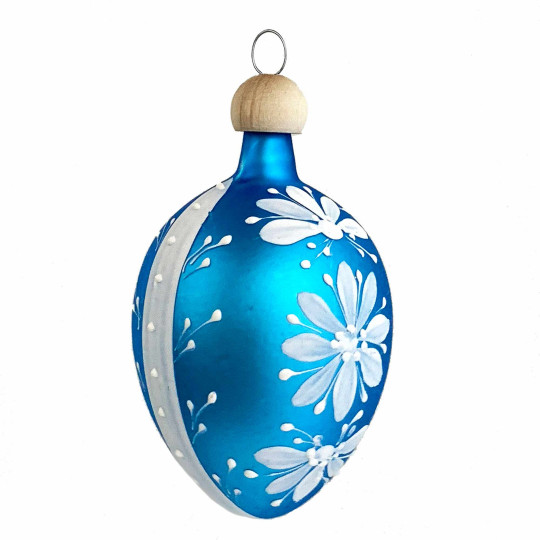 Bright Blue Egg with White Folkloric Flowers Blown Glass Ornament ~ Czech Republic ~ 2-1/2" tall