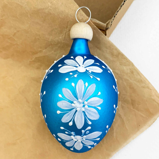 Bright Blue Egg with White Folkloric Flowers Blown Glass Ornament ~ Czech Republic ~ 2-1/2" tall
