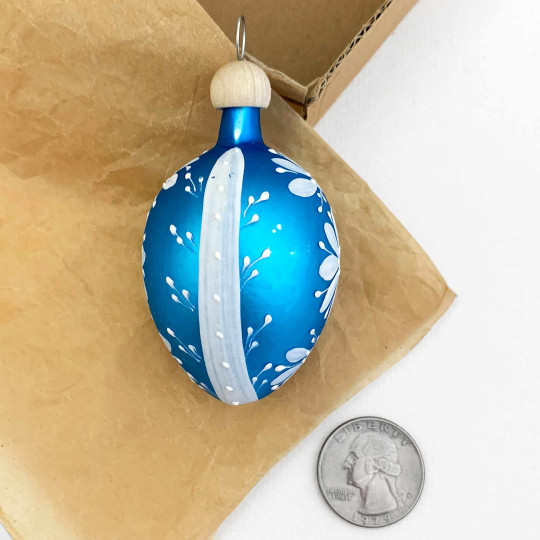 Bright Blue Egg with White Folkloric Flowers Blown Glass Ornament ~ Czech Republic ~ 2-1/2" tall