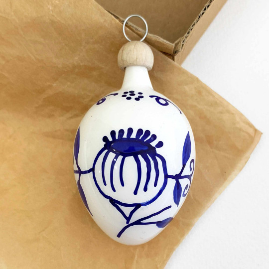 White Egg with Blue Pod and Leaves Blown Glass Ornament ~ Czech Republic ~ 2-1/2" tall