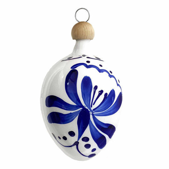 White Egg with Blue Flowers Blown Glass Ornament ~ Czech Republic ~ 2-1/2" tall