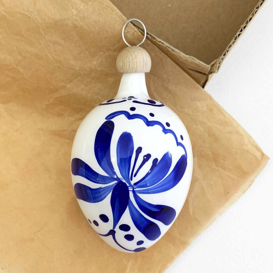 White Egg with Blue Flowers Blown Glass Ornament ~ Czech Republic ~ 2-1/2" tall