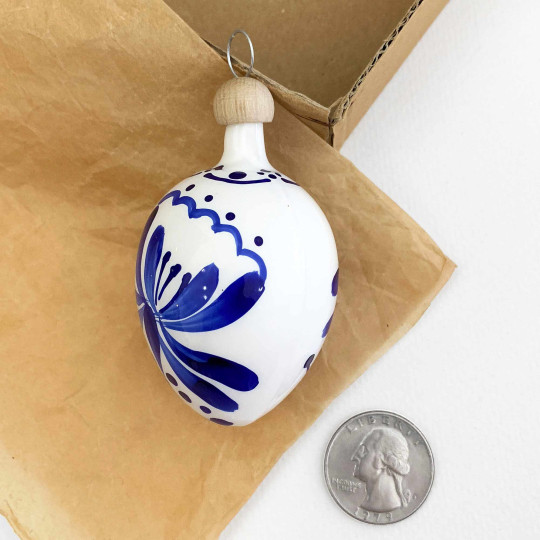 White Egg with Blue Flowers Blown Glass Ornament ~ Czech Republic ~ 2-1/2" tall