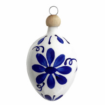White Egg with Bold Blue Flowers Blown Glass Ornament ~ Czech Republic ~ 2-1/2" tall