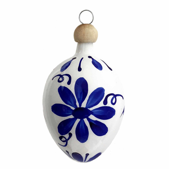 White Egg with Bold Blue Flowers Blown Glass Ornament ~ Czech Republic ~ 2-1/2" tall