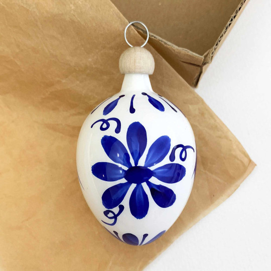 White Egg with Bold Blue Flowers Blown Glass Ornament ~ Czech Republic ~ 2-1/2" tall
