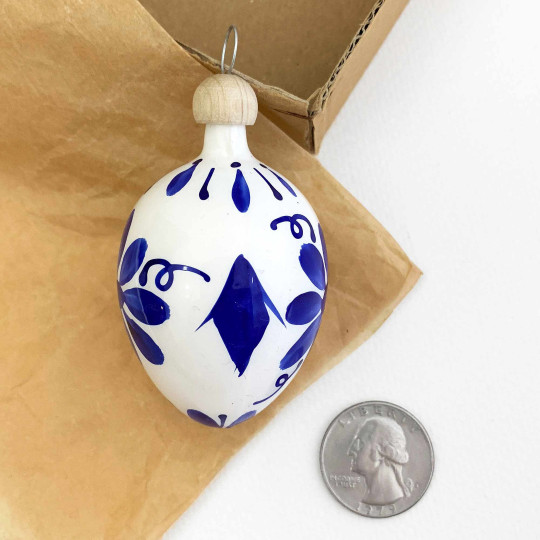 White Egg with Bold Blue Flowers Blown Glass Ornament ~ Czech Republic ~ 2-1/2" tall