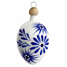 White Egg with Beautiful Blue Flowers Blown Glass Ornament ~ Czech Republic ~ 2-1/2" tall