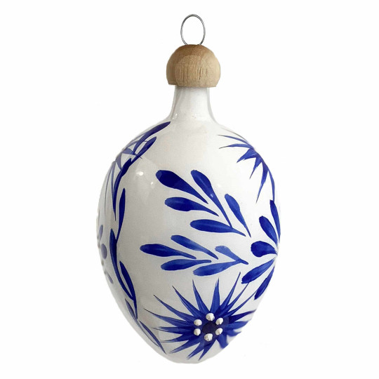 White Egg with Beautiful Blue Flowers Blown Glass Ornament ~ Czech Republic ~ 2-1/2" tall