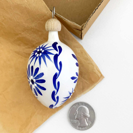 White Egg with Beautiful Blue Flowers Blown Glass Ornament ~ Czech Republic ~ 2-1/2" tall