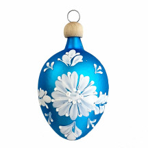 Bright Blue Egg with White Folkloric Flowers Blown Glass Ornament ~ Czech Republic ~ 2-1/2" tall