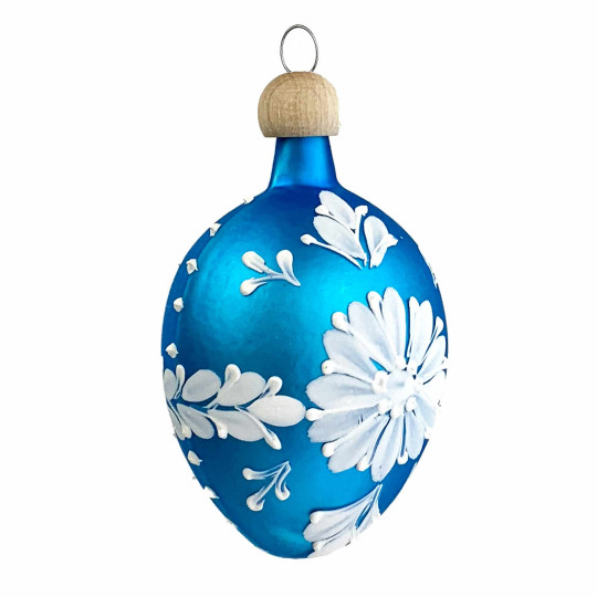 Bright Blue Egg with White Folkloric Flowers Blown Glass Ornament ~ Czech Republic ~ 2-1/2" tall