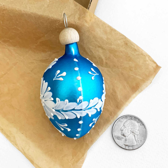 Bright Blue Egg with White Folkloric Flowers Blown Glass Ornament ~ Czech Republic ~ 2-1/2" tall