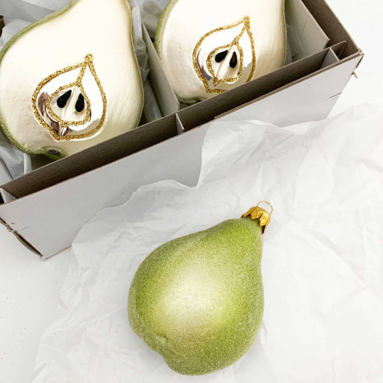 Sugared Green Pear Christmas Ornament ~ Czech Republic ~ 3-3/8" long