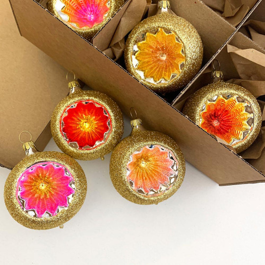 Classic Bright Color Reflector Indent Ornaments ~ Germany ~ Boxed Set