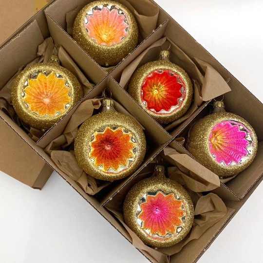 Classic Bright Color Reflector Indent Ornaments ~ Germany ~ Boxed Set