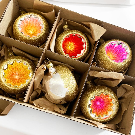 Classic Bright Color Reflector Indent Ornaments ~ Germany ~ Boxed Set