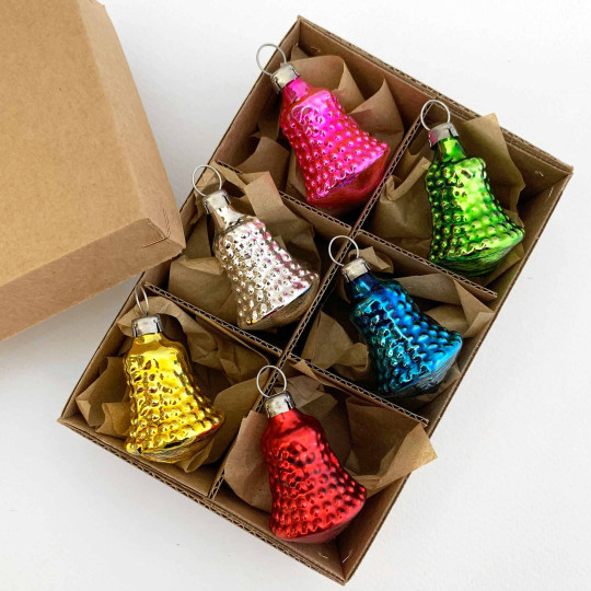 Small Bumpy Bells Colorful Blown Glass Ornaments ~ Germany ~ Boxed Set of 6