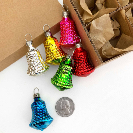 Small Bumpy Bells Colorful Blown Glass Ornaments ~ Germany ~ Boxed Set of 6