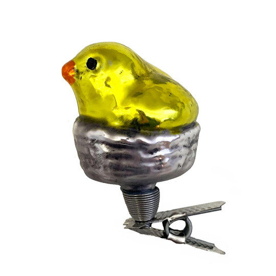Chick in Nest Clipping Blown Glass Ornament ~ Germany ~ 2" tall
