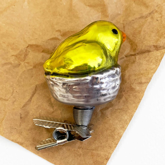 Chick in Nest Clipping Blown Glass Ornament ~ Germany ~ 2" tall