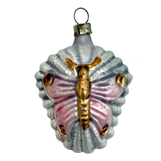 Large Pink Butterfly Antiqued Blown Glass Ornament ~ Germany ~ 2-3/4" tall