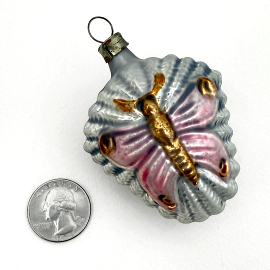 Large Pink Butterfly Antiqued Blown Glass Ornament ~ Germany ~ 2-3/4" tall