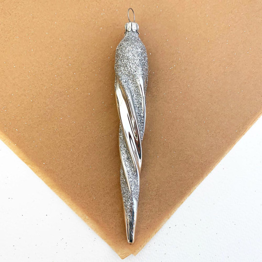 SIlver Glittered Blown Glass Icicle Ornament ~ Germany ~ 5" long