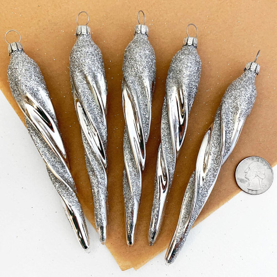 SIlver Glittered Blown Glass Icicle Ornament ~ Germany ~ 5" long