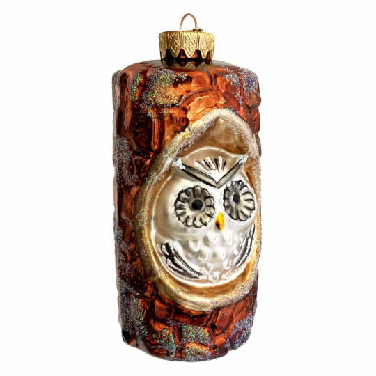 Owl in Log Large Blown Glass Ornament ~ Germany ~ 4-1/2" tall