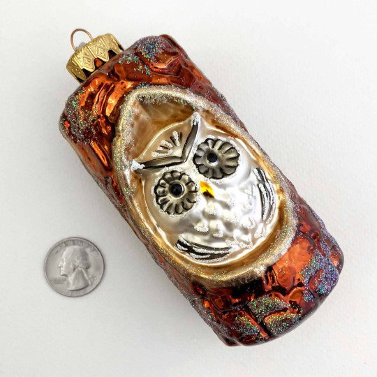 Owl in Log Large Blown Glass Ornament ~ Germany ~ 4-1/2" tall