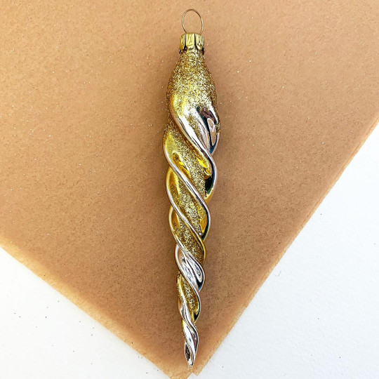 SIlver and Gold Glittered Blown Glass Icicle Ornament ~ Germany ~ 5-1/2" long
