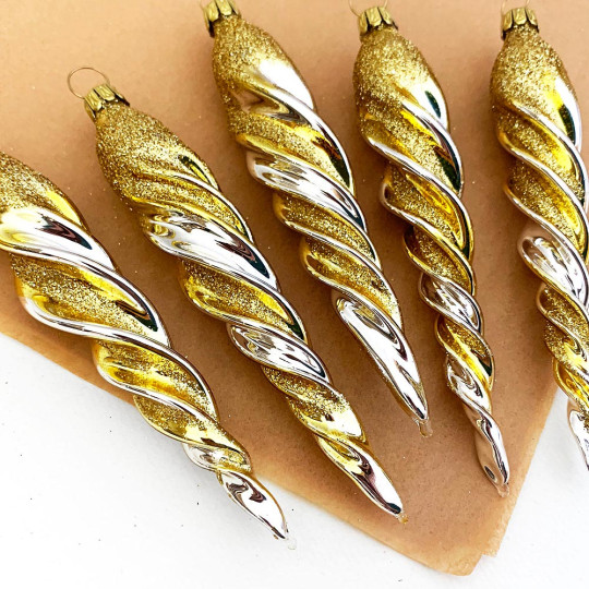 SIlver and Gold Glittered Blown Glass Icicle Ornament ~ Germany ~ 5-1/2" long