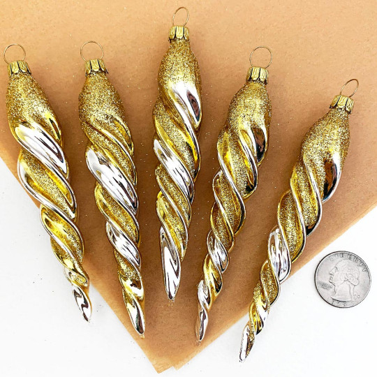SIlver and Gold Glittered Blown Glass Icicle Ornament ~ Germany ~ 5-1/2" long