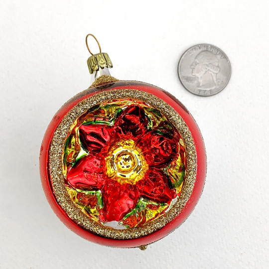 Red and Silver Poinsettia Indent Ornament ~ Germany ~ 2-1/4" across