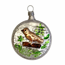 Bird on Branch Antiqued Blown Glass Half Ball Ornament ~ Germany ~ 2-1/2" tall